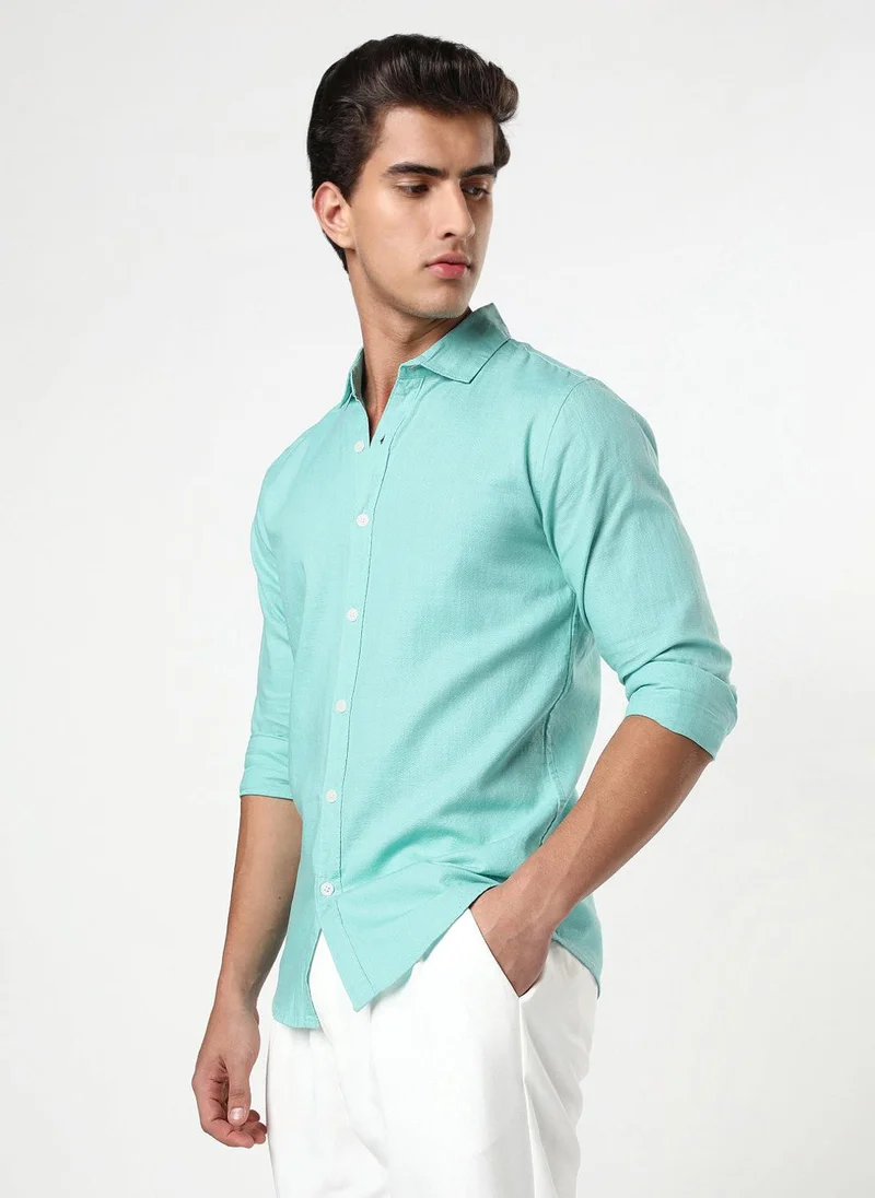 Urbano Fashion Urbano Fashion Men's Light Teal Linen Blend Full Sleeve Relaxed Fit Casual Solid Shirt